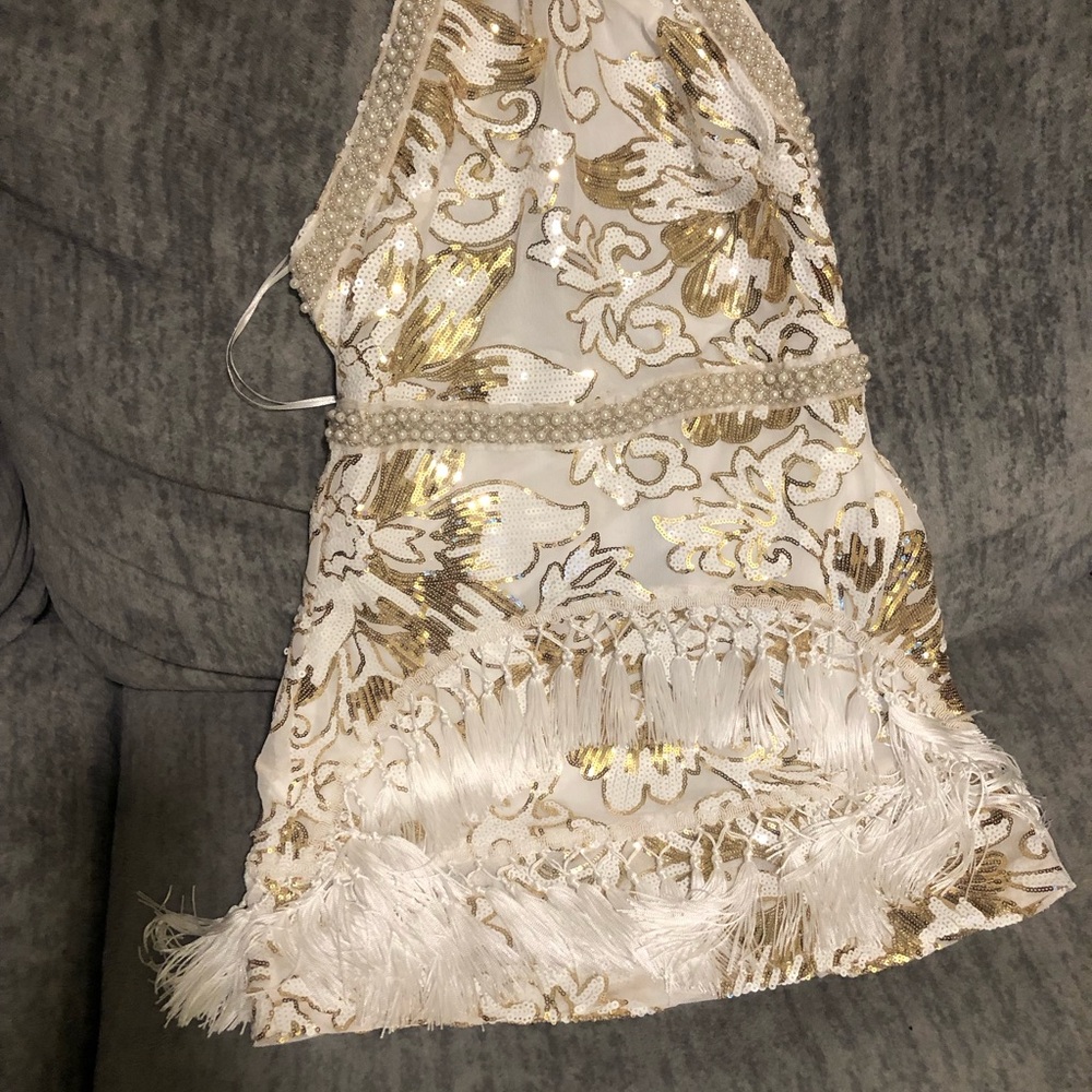 Fashion Nova White and Gold Backless Fringe Mini Dress